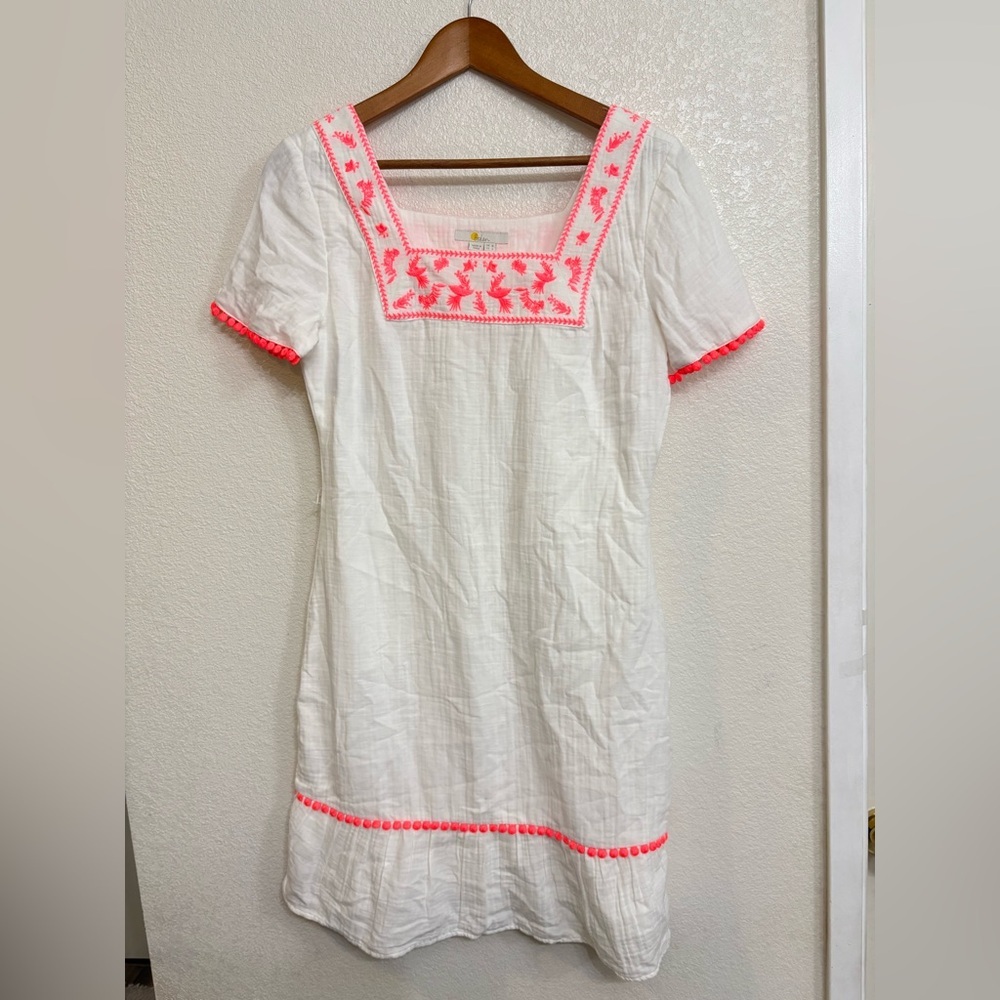 Mini Boden White Cotton Gauze Dress Neon Pink Bird Embroidery Boho Resort Sz 4